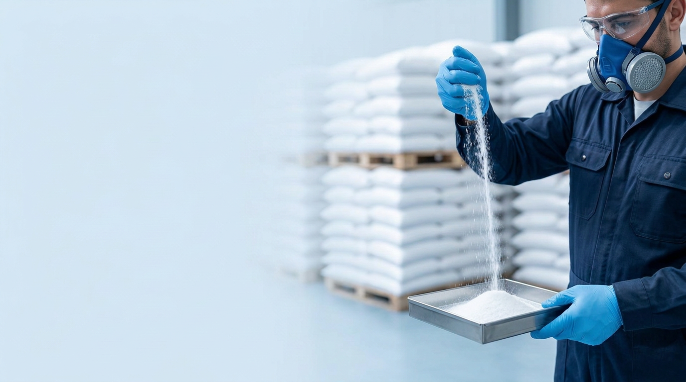 Worker letting fine PVC resin powder fall from a gloved hand into a tray